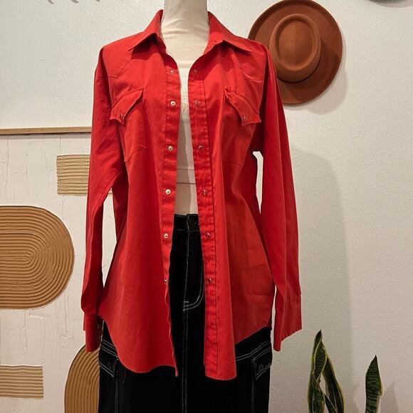 Vintage 90s Ely Cattleman Red Pearl Snap Buttons Long Sleeve Shirt - Picture 1 of 13